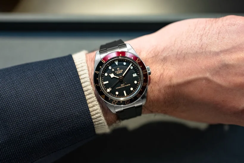 "Tudor Black Bay GMT on wrist, showing how the watch wears on hand with Pepsi bezel